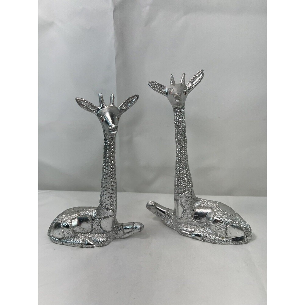 Set Of Vtg Poompuhar Indian‎ Folk Art Decorative Giraffes Silver Tone 7.5”